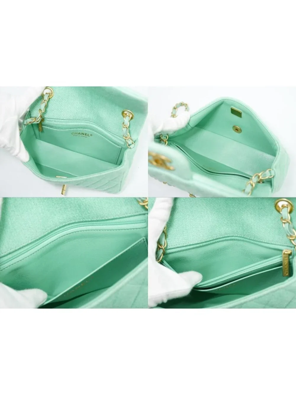 Chanel CC Logo Quilted Chain Shoulder Bag Denim Light Green Vintage